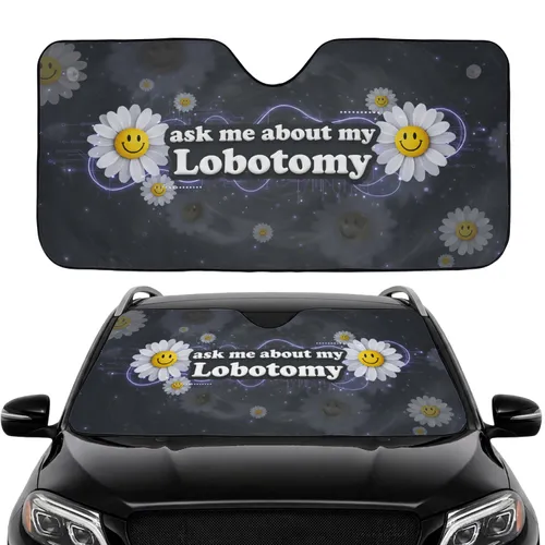 Lobotomy Text Smiley Face Daisies Nebula - Car Interior Upgrade Road Trip Essentials Car Sunshade