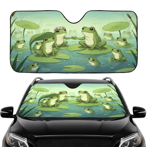 Frogs Peeking on Lily Pads Pond Water - Road Trip Gift for Frog Lover Car Sunshade