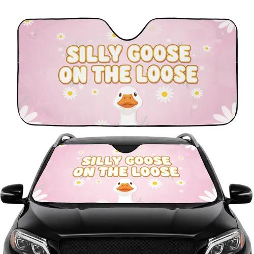 Silly Goose On The Loose White Goose Orange Beak Daisies Pink Field - Car Interior Upgrade Car Sunshade