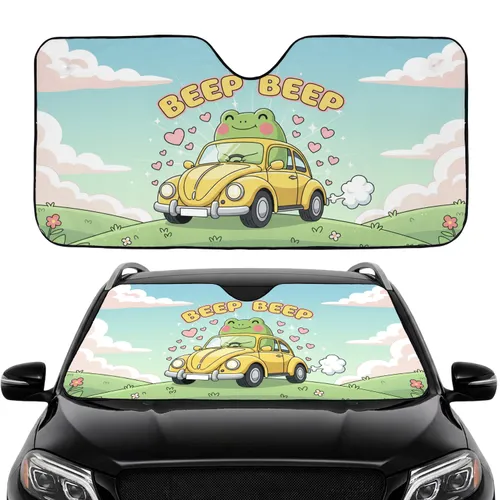 Green Frog Driving Yellow Car 'BEEP BEEP' Hearts - Road Trip Gift for Kids Car Sunshade
