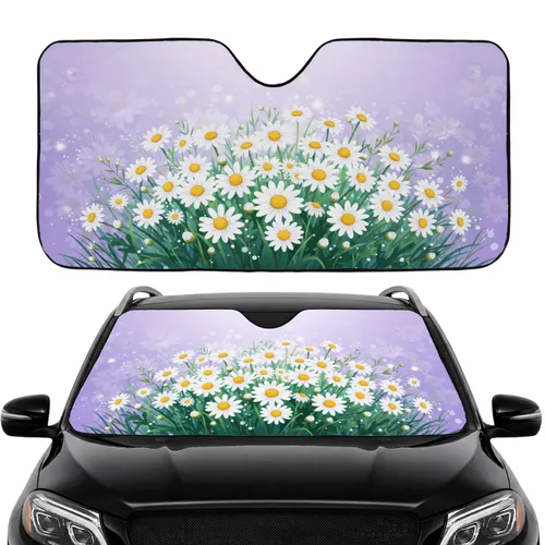 White Daisy Field Green Foliage Soft Lilac Lavender Hues Car Interior Upgrade Car Sunshade