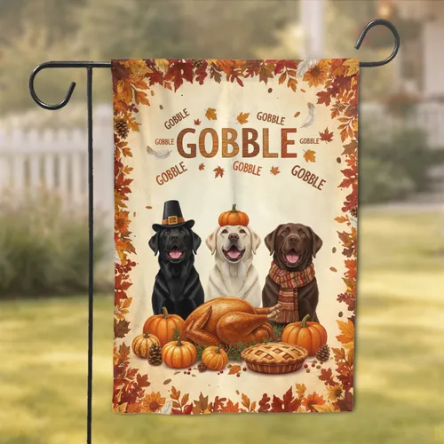 Gobble Labrador Dogs Thanksgiving Turkey Pumpkins - Autumn Holiday Home Decor Gift Garden Flag