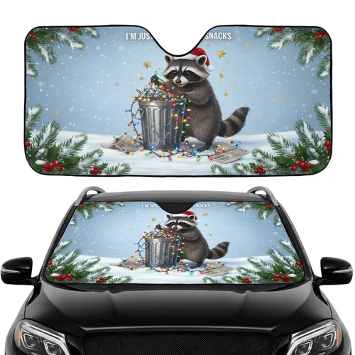 Raccoon Santa Hat Christmas Lights Trash Can 'Snacks' - Christmas Travel Essentials Car Sunshade
