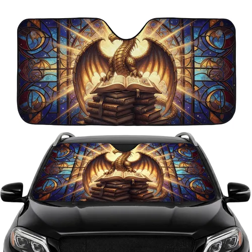 Golden Dragon Stained Glass Books - Car Interior Upgrade for Fantasy Lover Gift Car Sunshade
