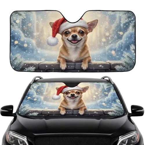 Smiling Chihuahua Santa Hat Winter Wonderland Dog Christmas Road Trip Gift for Dog Lover Car Sunshade