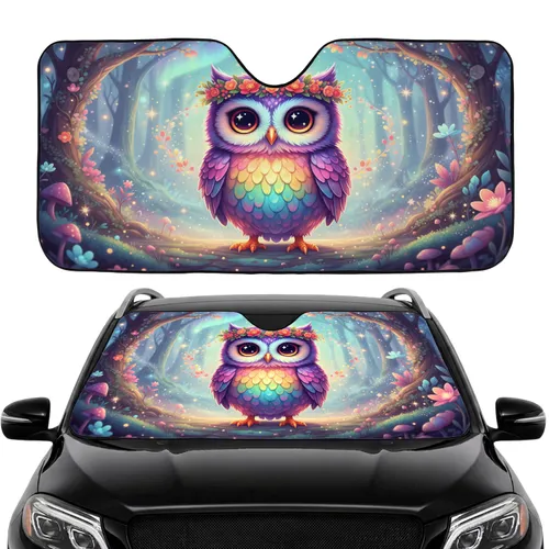 Feathered Rainbow Owl Floral Wreath Twilight Forest - Car Interior Upgrade Car Sunshade
