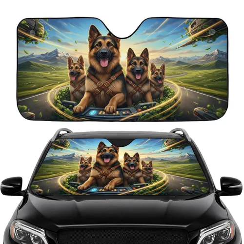 Five German Shepherds Road Trip Pack - Commute Travel Accessory for Dog Lovers Car Sunshade