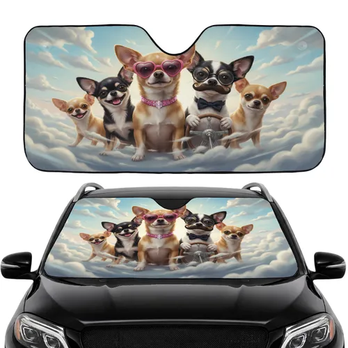 Chihuahua Dogs Road Trip Pink Sunglasses Mustache - Travel Essentials Car Sunshade