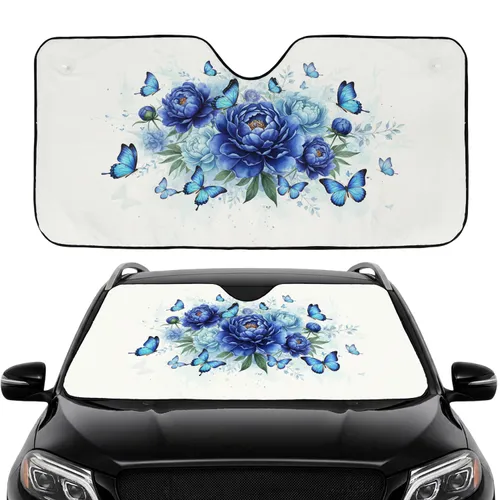 Blue Peonies Butterflies Foliage Blossoms Car Interior Upgrade Commute Accessory Car Sunshade