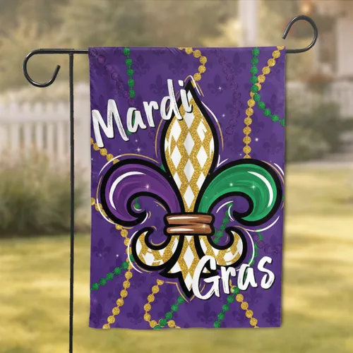 Purple Green Gold Mardi Gras Glitter Diamond Checkered Fleur-de-lis Celebration Decor Garden Flag