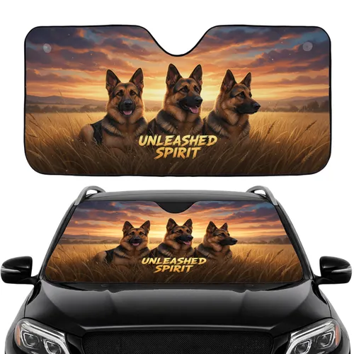 German Shepherds Grass Field Rolling Hills Sunset - Road Trip Gift for Dog Lover Car Sunshade