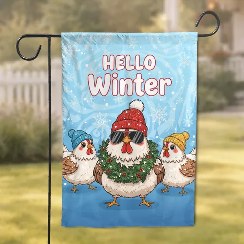 Hello Winter Chickens Sunglasses Pine Trees Snowflakes - Seasonal Decor Gift Garden Flag