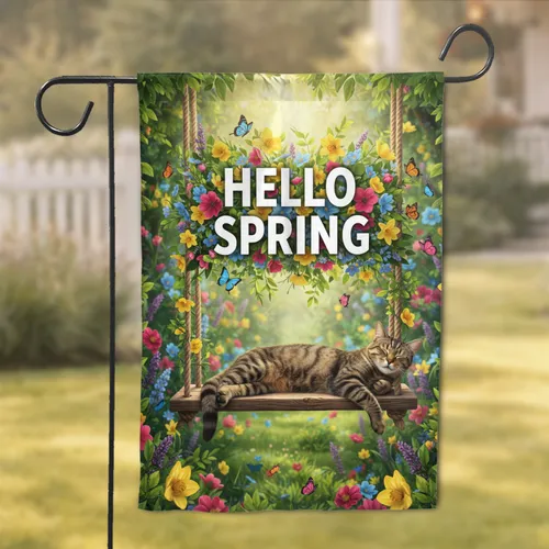 Hello Spring Tabby Cat Swing Floral - Home Decor Gift for Cat Lover Garden Flag