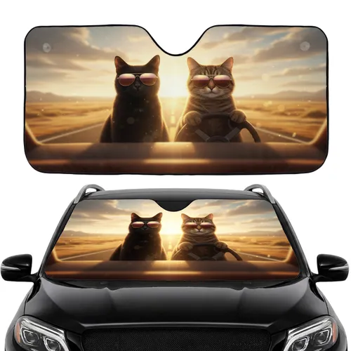 Two Realistic Cats Sunglasses Driving Golden Hour Road Trip - Car Interior Upgrade for Cat Lover Car Sunshade