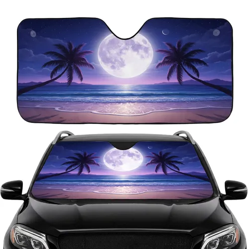 Glowing Full Moon Palm Trees Night Beach - Road Trip Gift Car Sunshade