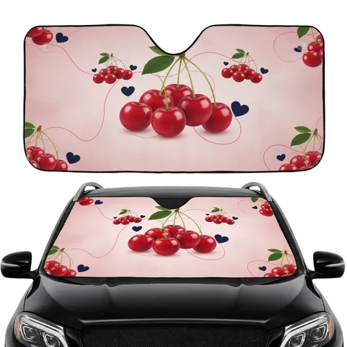 Glossy Red Cherries Dark Blue Hearts Curving Lines Green Leaves - Car Interior Upgrade Car Sunshade