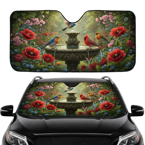 Vibrant Songbirds Floral Garden Birdbath Car Interior Upgrade Wildlife Gift Car Sunshade
