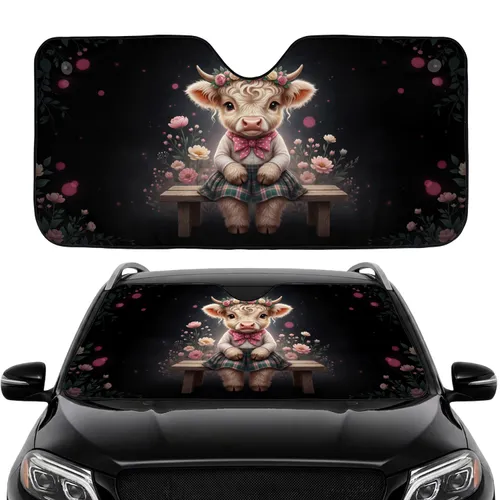 Fluffy Highland Cow Floral Crown Pink Bow Wildflowers - Car Interior Upgrade Car Sunshade