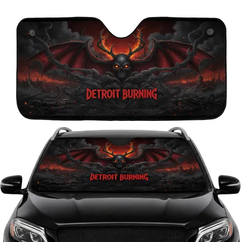 Skull Antlers Bat Wings Detroit Burning Car Interior Upgrade Car Sunshade