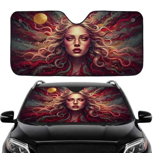 Woman Face Golden Eyes Gold Glasses Red Lips Wavy Hair Golden Disk - Car Interior Upgrade Car Sunshade
