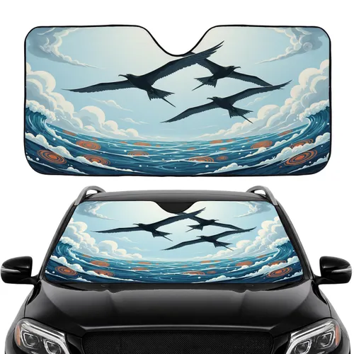 Sleek Frigatebirds Soaring Ocean Waves Swirling Clouds - Car Interior Upgrade Car Sunshade
