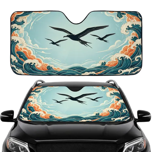 Black Silhouette Frigatebirds Ocean Waves Celestial Clouds - Wildlife Lover Road Trip Gift Car Sunshade