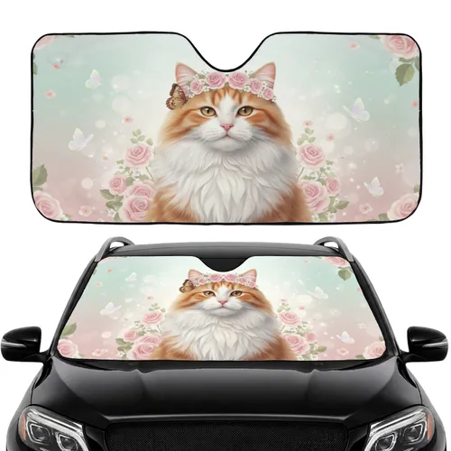 Majestic Fluffy Cat Floral Wreath Road Trip Commute - Cat Lover Gift Car Sunshade