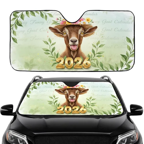 Funny Goat Tongue Out Straw Hat Flowers 2026 Calendar - Road Trip Gift for Goat Lovers Car Sunshade