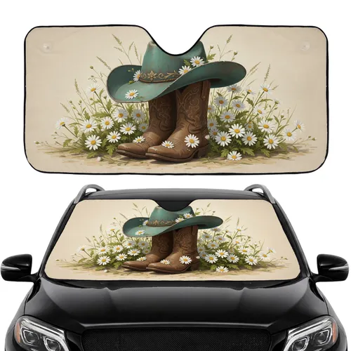 Teal Cowboy Hat Brown Boots Daisies Wild Grass - Car Interior Upgrade Car Sunshade