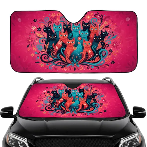 Tall Cats Pointed Ears Floral Stars Dots Stripes - Car Interior Upgrade for Road Trip Essentials Car Sunshade