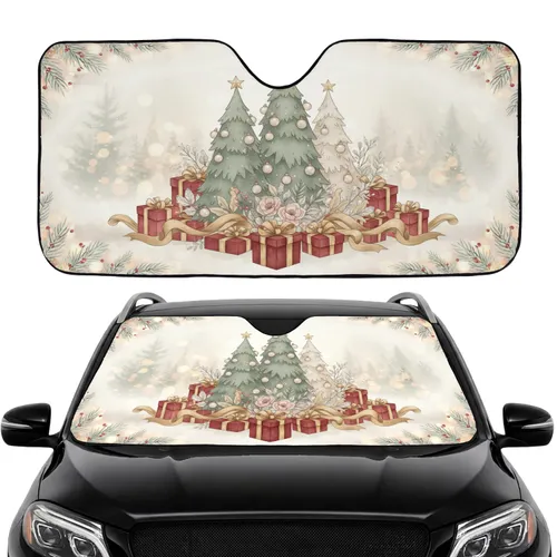 Frosted Botanical Christmas Trees Pink Poinsettia Gold Teal - Holiday Commute Accessory Car Sunshade