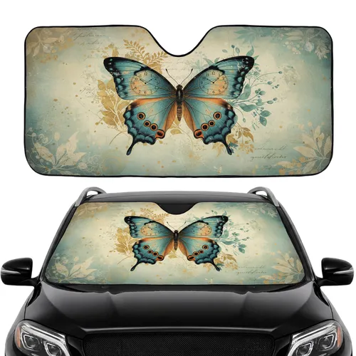 Intricate Butterfly Aged Script Antique Map Wildflowers - Car Interior Upgrade Car Sunshade