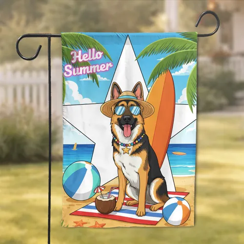 Hello Summer German Shepherd Dog Beach - Summer Decor Gift for Dog Lover Garden Flag