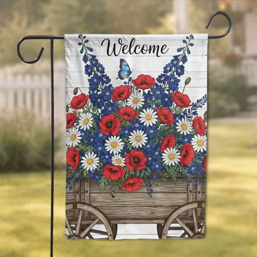Welcome Planter Daisies Cosmos Lavender Butterfly - Farmhouse Home Decor Gift Garden Flag