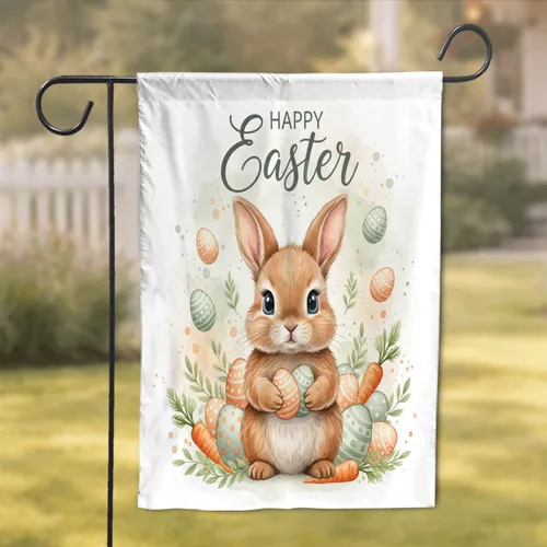Happy Easter Script Baby Bunny Decorated Eggs Carrots - Easter Holiday Gift Garden Flag