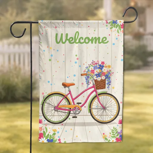 Welcome Sign Pink Cruiser Bicycle with Flower Basket - Everyday Home Decor Gift Garden Flag