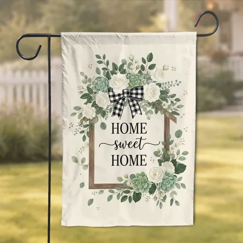 Rustic House Frame HOME Sweet HOME Roses Succulents Plaid Bow - Farmhouse Decor Garden Flag