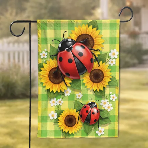 Red Ladybugs Yellow Sunflowers Green Leaves Plaid - Garden Decor Gift Garden Flag
