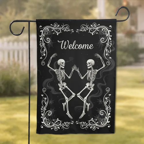 Dancing Skeletons Welcome Sign Gothic Vines - Home Decor Gift Garden Flag