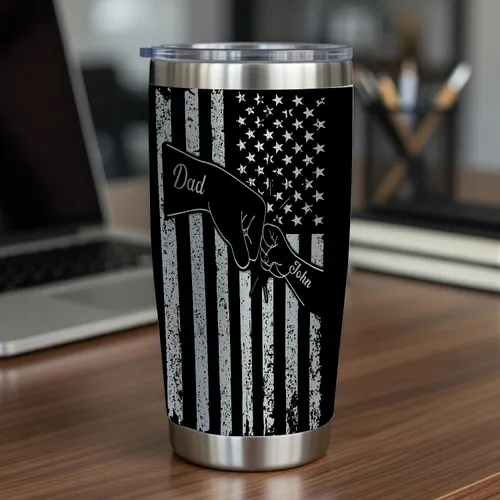 Engraved Dad Fist Bump Kids Names Tumbler, Fathers Day Gift for Daddy, Laser Engraved 20oz Stainless Steel Cup, Personalised Tumbler for Dad