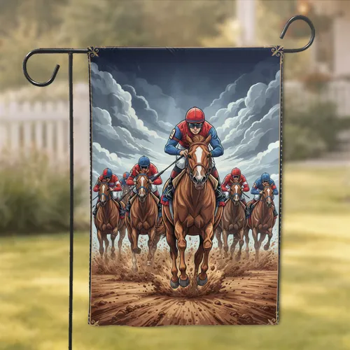 Galloping Racing Horses with Jockeys Kicking Dust - Equestrian Home Decor Gift Garden Flag