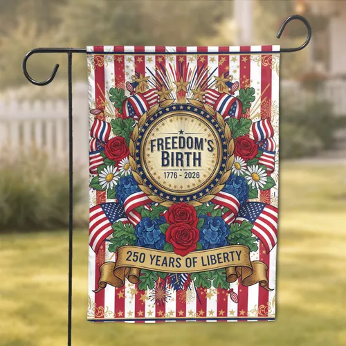 Freedom's Birth 250 Years of Liberty Emblem - Independence Day Celebration Garden Flag