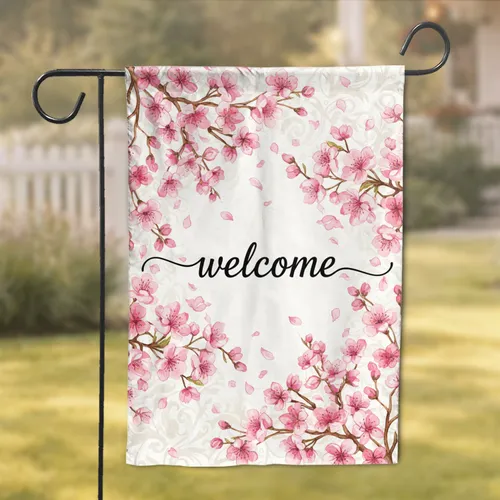 Welcome Text Pink Cherry Blossom Branches Petals - Home Entryway Decor Gift Garden Flag
