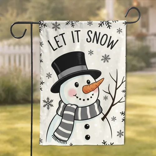 Smiling Snowman 'Let It Snow' Winter Snowflakes Rustic - Christmas Holiday Decor Garden Flag
