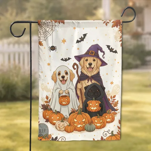 Three Dogs Halloween Costumes Jack-o'-Lanterns - Friendly Halloween Decor for Dog Lovers Garden Flag