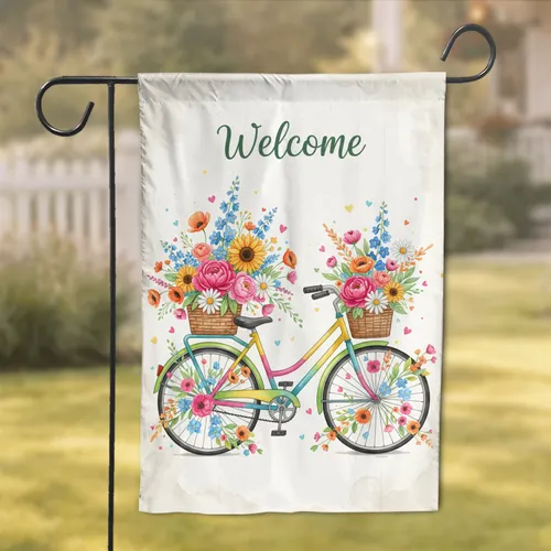 Welcome Brightly Colored Vintage Bicycle Overflowing Spring Flowers Home Decor Gift Garden Flag