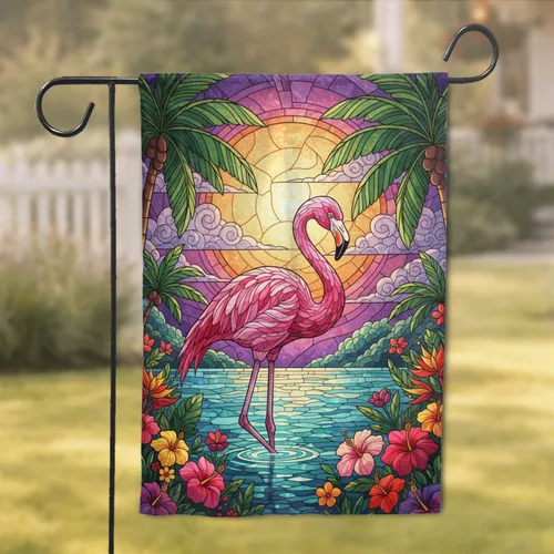 Pink Flamingo Palm Tree Ocean Sun - Tropical Home Decor Gift for Bird Lovers Garden Flag