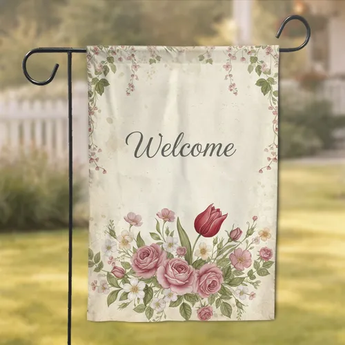Welcome Script Abundant Rose Heart Tulip Botanical Blooms - Everyday Home Decor Gift Garden Flag