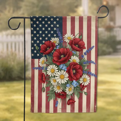 Lush Floral Poppies Daisies Lavender Vintage American Flag - Home Decor Gift Garden Flag
