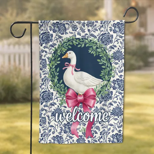 White Goose Welcome Wreath Chinoiserie Floral - Home Decor Gift Garden Flag